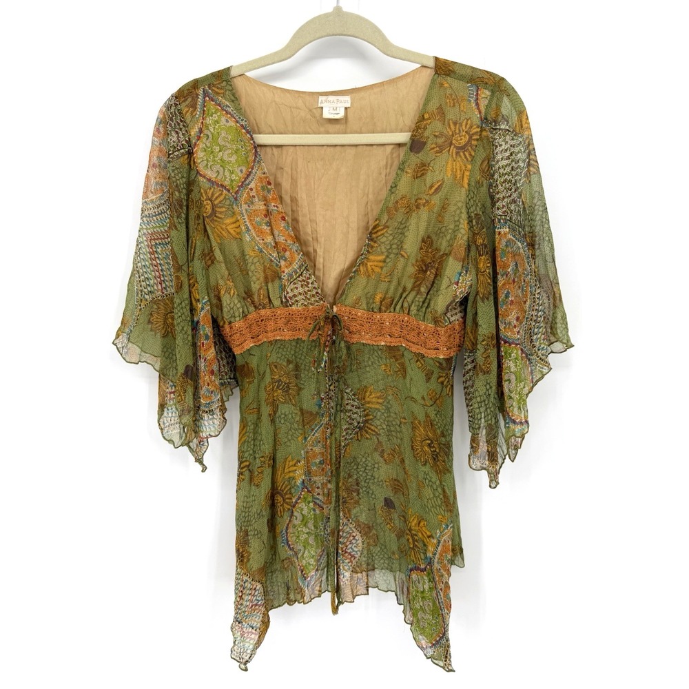Vtg Anna Paul Silk Blouse M Forest Green Fairycore Gypsy Whimsical Free Spirited